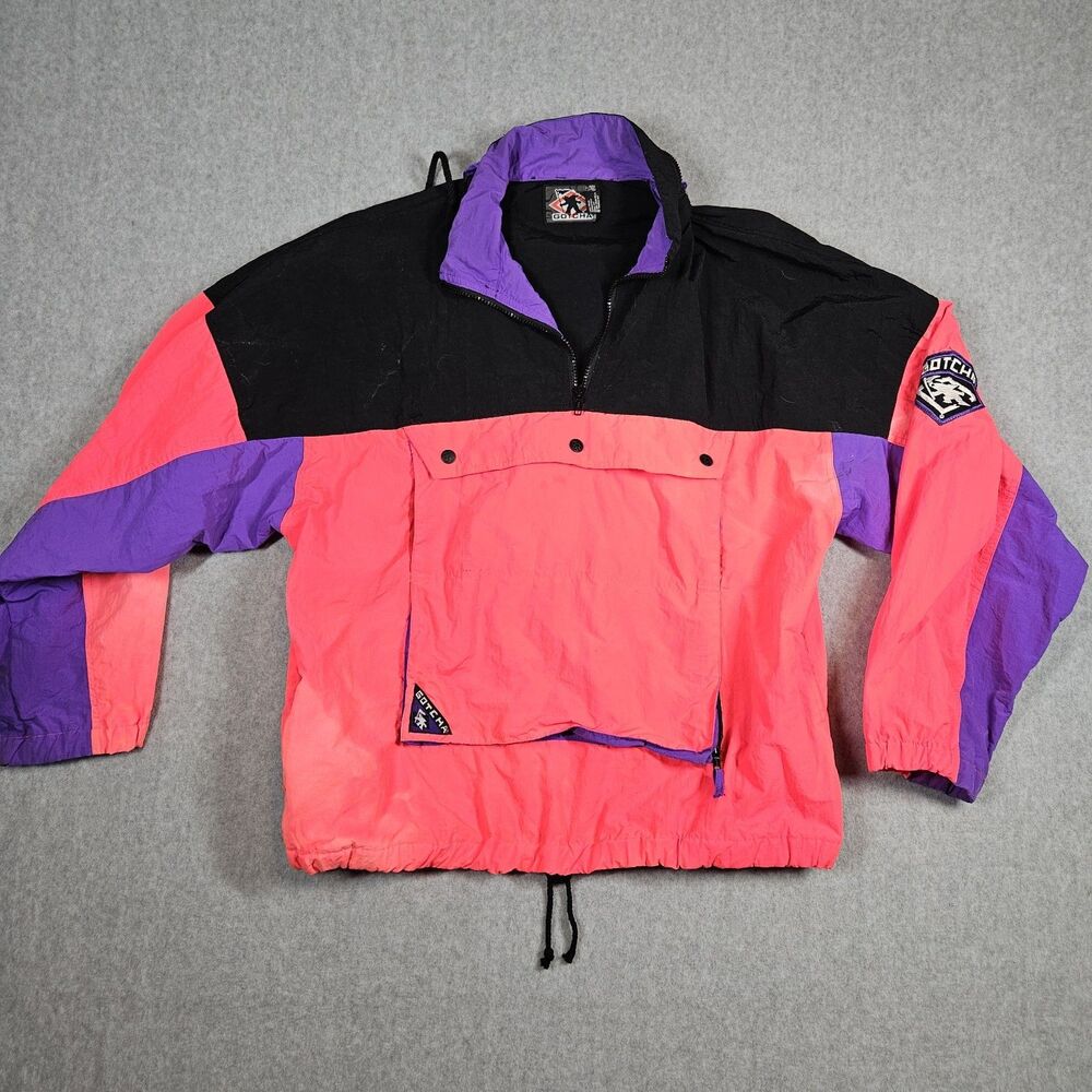 Vintage Mens M 80s GOTCHA Surf Skate Neon Ski Pullover Purple Pink Anorak Jacket